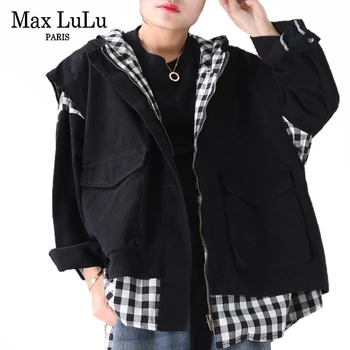 

Max LuLu New 2020 Fashion Spring Korean Ladies Plaid Jackets Women Vintage Loose Hooded Coats Fake Two Pieces Clothing Plus Size