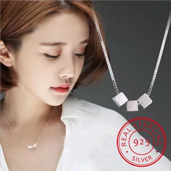 

925 Sterling Silver Necklace Three Scrub Square Cube Box Choker Necklace For Women collier femme Valentine's Day Gift S-N47