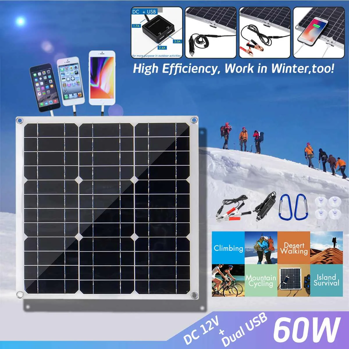 

LEORY 60W 18V Mono Solar Panel Dual 12V/5V DC USB Monocrystaline Flexible Solar Charger For Car RV Boat Battery Charger