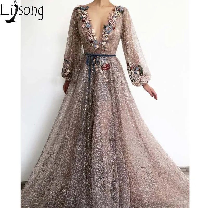

Glitter Sequined Tulle A Line Prom Dresses Deep V Neck Long Sleeve 3D Appliques Evening Dress with Sashes 2020 Robe de soiree