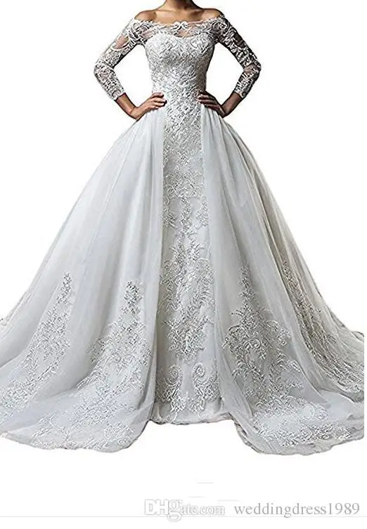 

Hot Sale Crystal Flowers Ball Gown Wedding Dresses2020 New 7-point Sleeve Muslim Lace Appliques Wedding Gowns Bridal Dress