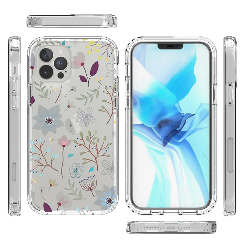 2 in 1 Flower Leaves Transparent Bumper Shockproof Phone Case For iPhone 11 12 13 Pro Max XR XS Max 7 8 Plus Silicone Hard Cover iphone 13 mini case