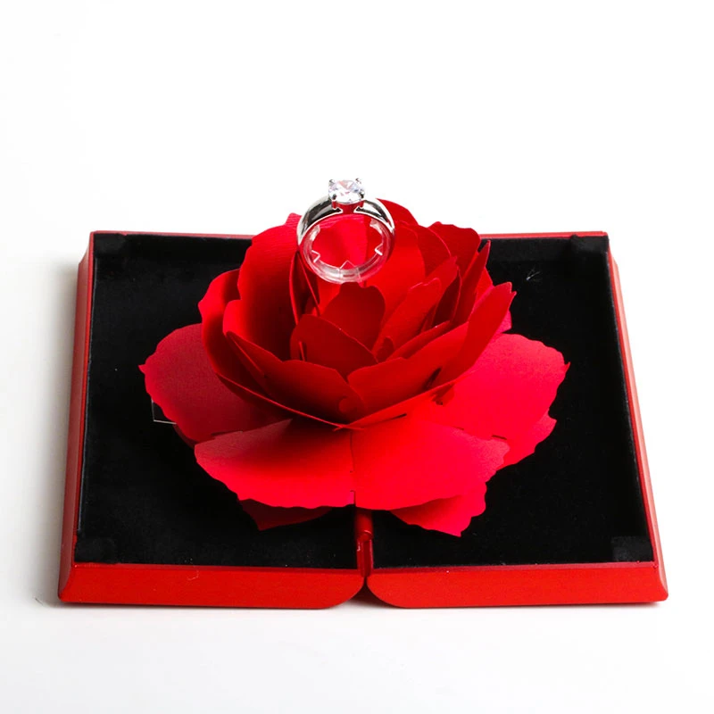 New Arrival foldable black box red ring rose jewelry box for Valentine's Day gift