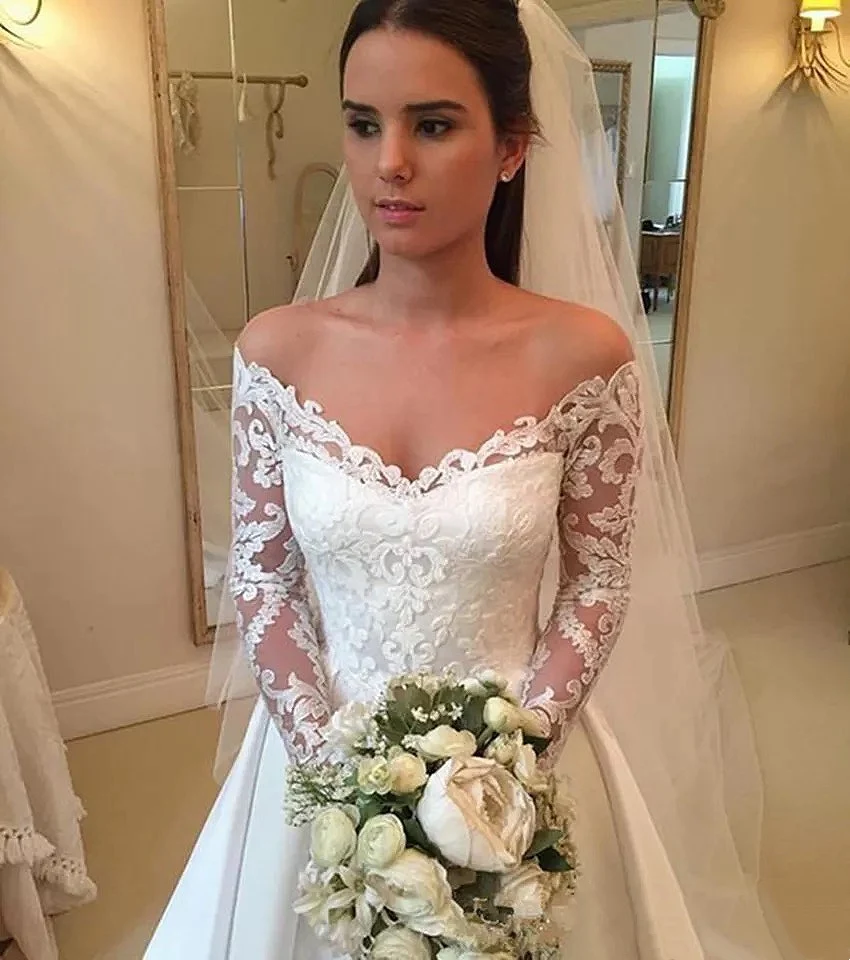 Abiti da sposa in raso Country maniche lunghe Appliques di pizzo una linea abito  da sposa Sweep Train abiti da sposa Vintage con spalle scoperte  Boho|Wedding Dresses| - AliExpress