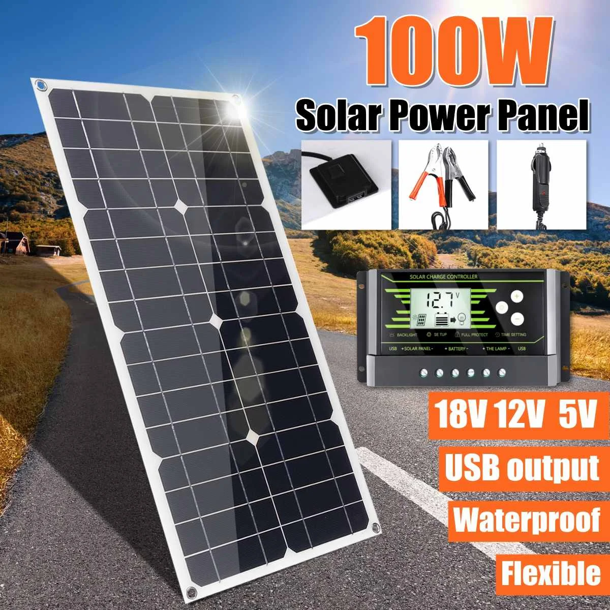 

100W 18V Mono Solar Panel USB 12V/5V DC Monocrystalline Flexible Solar Charger For Car RV Boat Battery Charger Waterproof