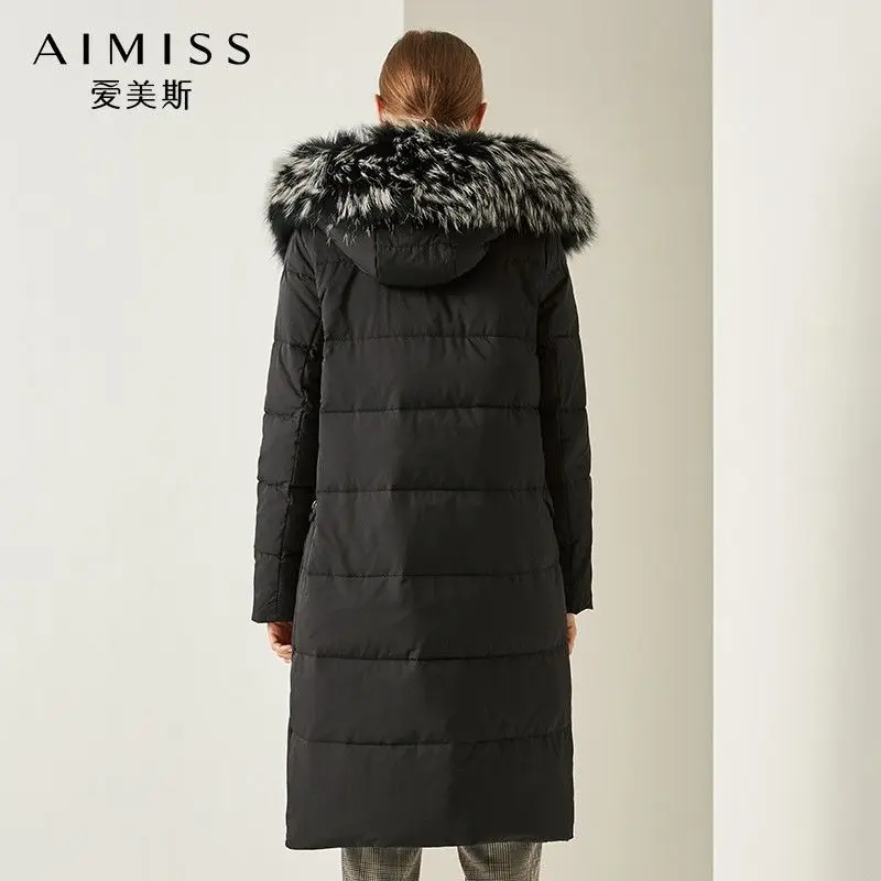 AIMISS Новая модная женская черная пуховая куртка с капюшоном, с перьями, на молнии, свободная теплая верхняя одежда