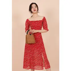 2019 летние винтажные Вечерние Платья с цветочным принтом, Красный квадратный воротник, элегантные сексуальные пляжные платья средней