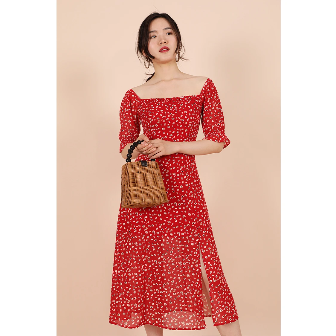 

2019 Summer Vintage Party Dress Floral Printed Red Square Collar Elegant Sexy Beach Mid Dresses Female Vestidos