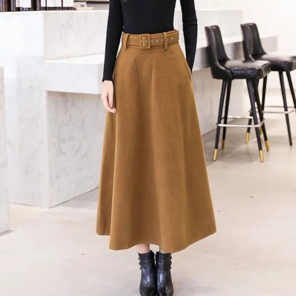 Winter Women's Wool Maxi Skirts With Belt faldas mujer moda 2019 Vintage Woolen Skirt Female Streetwear Saia Longa Red FF699 | Женская