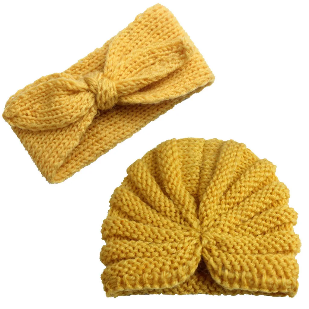 Winter Solid Hat Baby Newborn Boy Girl Knitted Turban Hair Band Beanie Headwear Cap Sets winter hats for girls Kids | Детская одежда и
