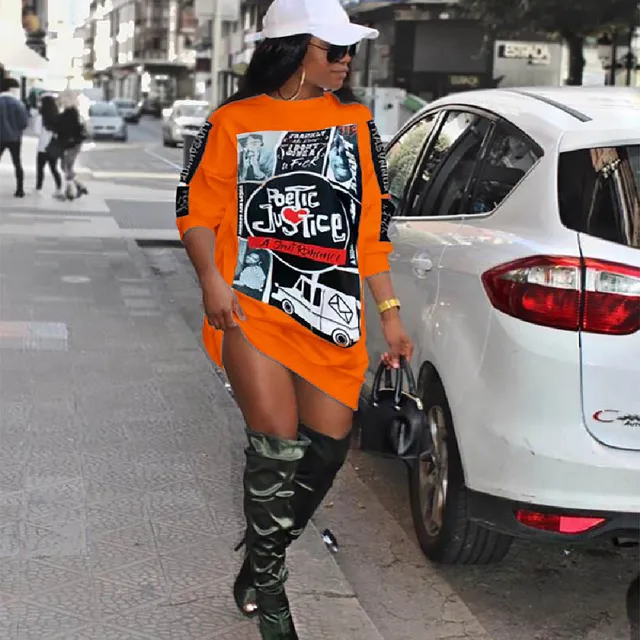 New Fall Winter Women's Dresses Letter Character Cartoon Print O-neck Long Sleeve Sweatshirts Slim Mini Abiti Dress Orange
