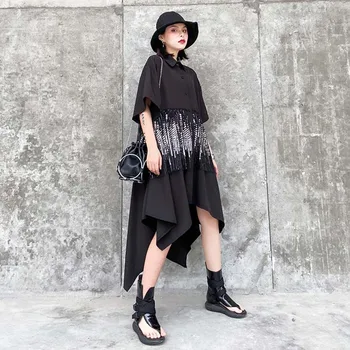 

Johnature 2020 Summer New Patchwork Tassel Patchwork Irregular Shirt Dresses Women Turn-down Collar Short Sleeve Female Dress