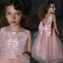 Новые розовые пышные платья для маленьких девочек жемчужное кружевное Аппликация из бисера тюля v-образный вырез на спине с бантом, платье для девочек, держащих букет невесты на свадьбе