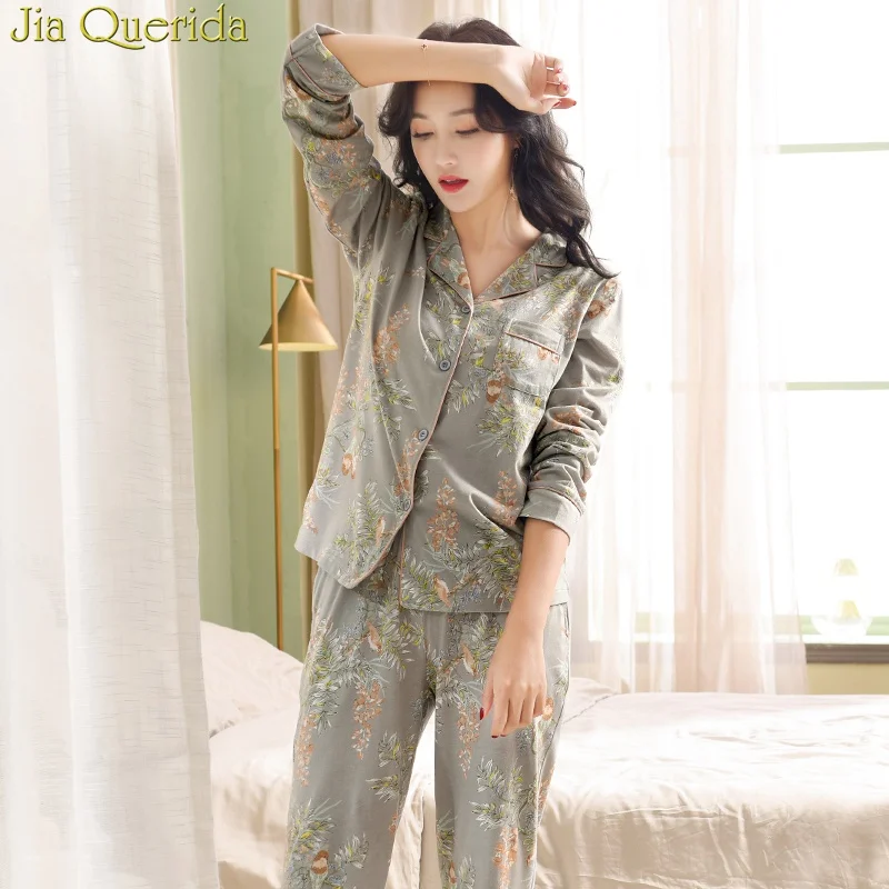 Tanie Piżama dla kobiet 2020 nowy 100% czystej bawełny kobiety odzież domowa XXXL szary kwiatowy rozpinany sweter Top + długie dna 2 sztuk kobiet piżamy