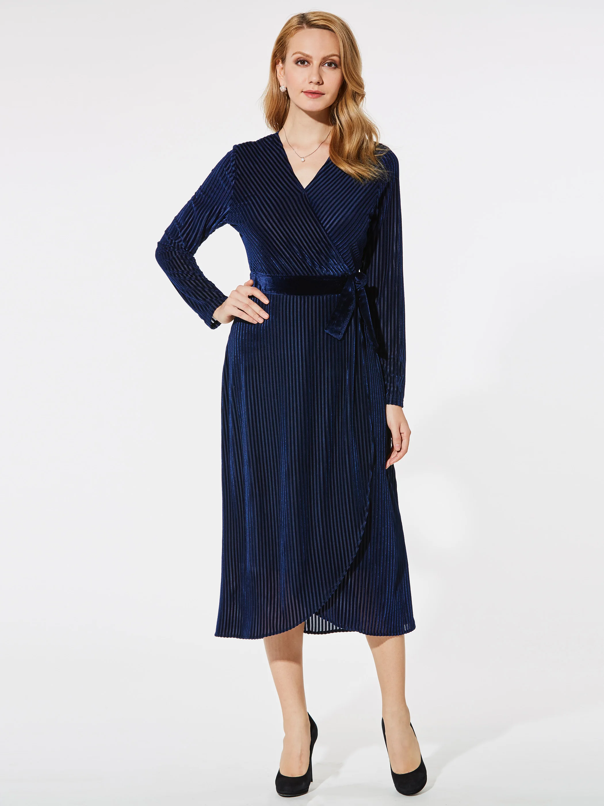 

2020 Knitted Women Dress Striped Long Sleeve Lace Up Dark Blue 2XL V Neck A Line Chic Vintage Long Party Dress For Girl