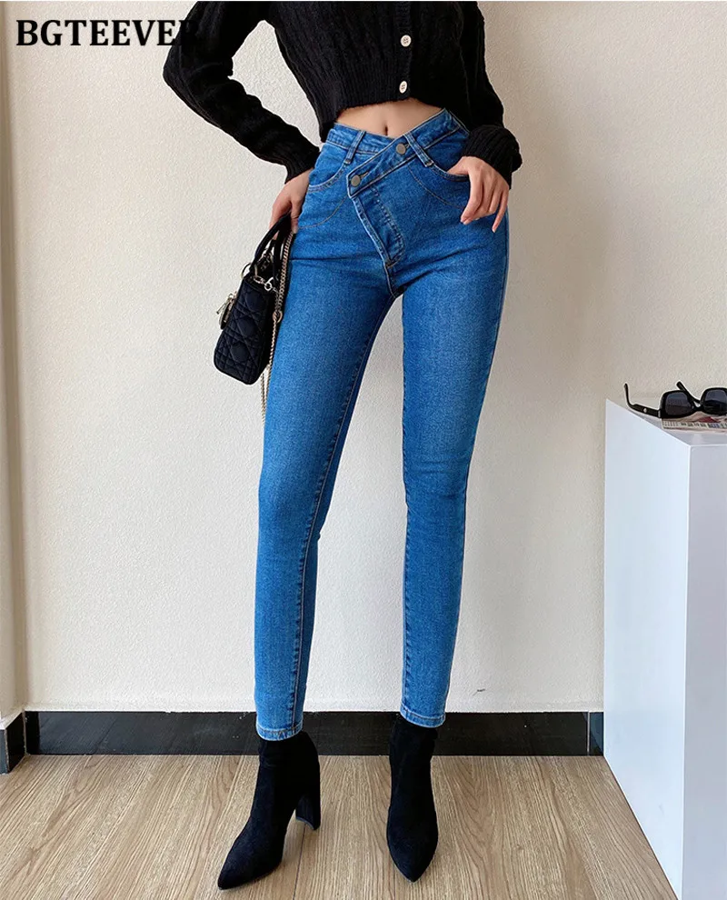 ksubi jeans BGTEEVER 2021 New Jeans Women's High Waist Stretched Hip Slim Fit Skinny Denim Jeans Female Oblique Buckle Pencil Pants Femme blue jeans