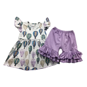 

Girls purple color summer outfits hot air balloon pattern boutique short sets for girls