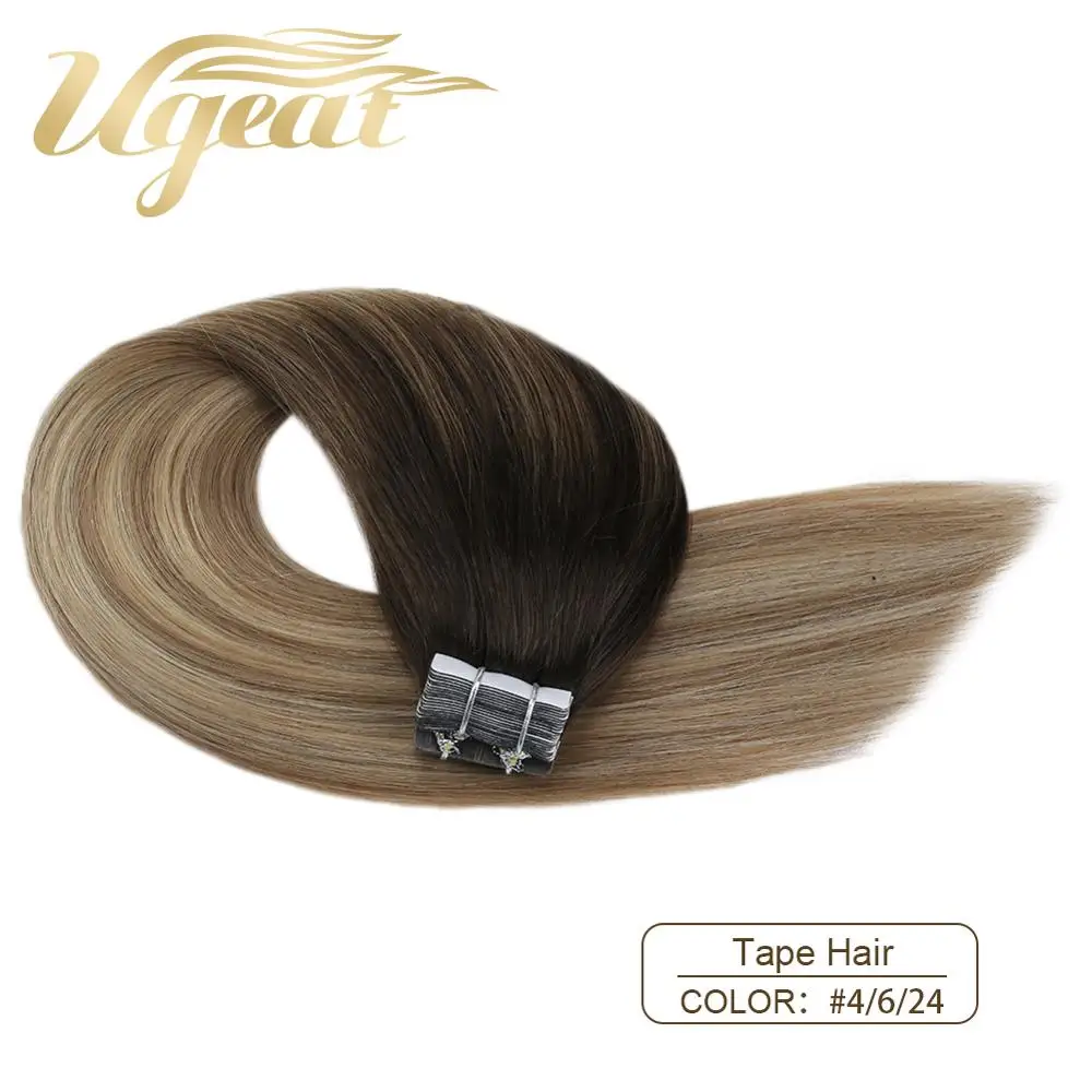 Ugeat накладные волосы на ленте, натуральные человеческие волосы с эффектом омбре, 12-24 дюйма, шелковистые прямые Бесшовные Невидимые накладные волосы - Цвет: 4-6-24