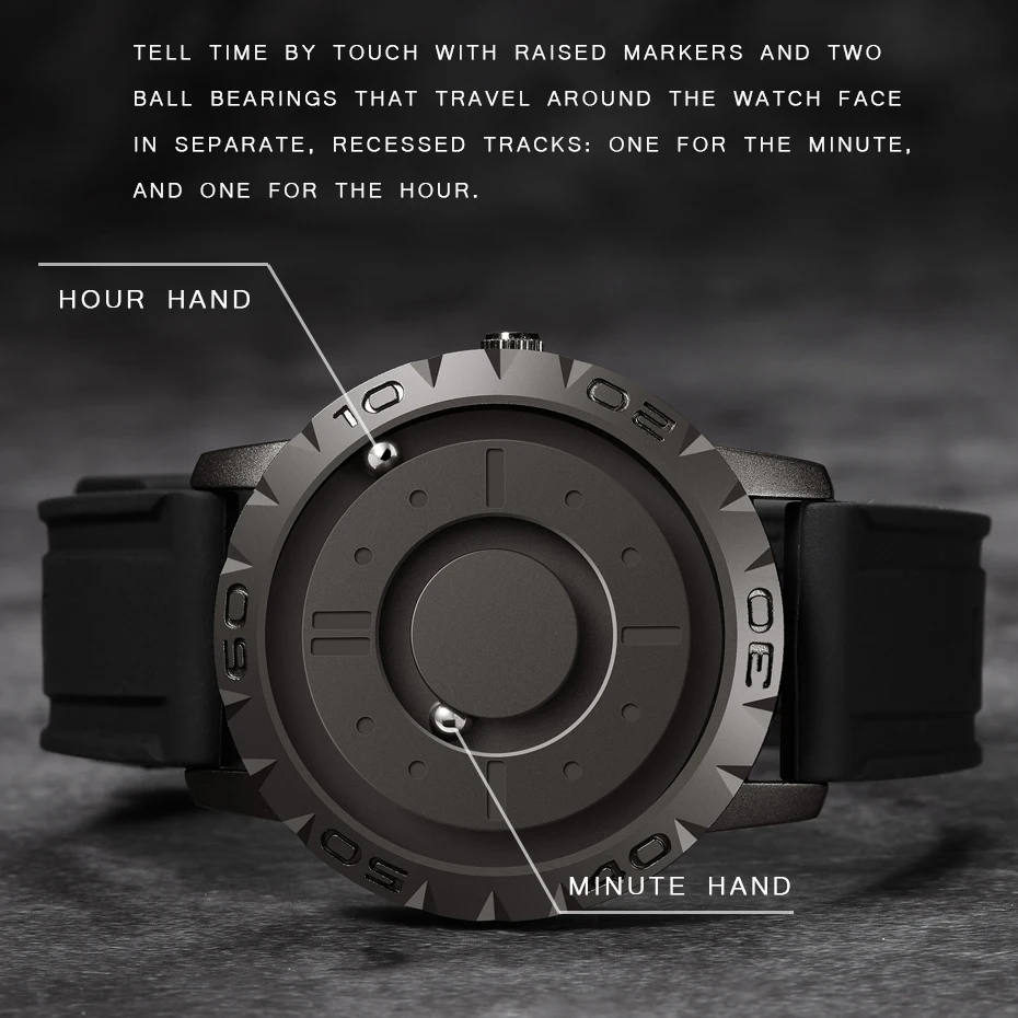 Creative Men Watch Eutour Full Black Sliver Dial Magnetic Magnet Beads Metal Ball Circle Multinational Watches Rubber Male Clock