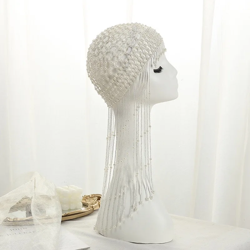 Luxury Bridal Pearl Hair Jewelry Tassel Design Handmade Beaded Hat Wedding Hairbands Accessories