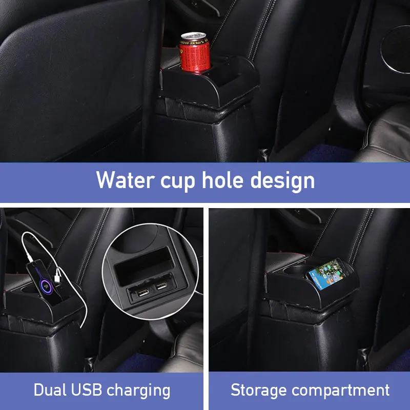 SEAMETAL 자동차 팔걸이 박스 익스텐더 팔꿈치 지지대, 범용 자동 팔걸이, USB 충전 포트, 컵 거치대, 길이 조절 가능
