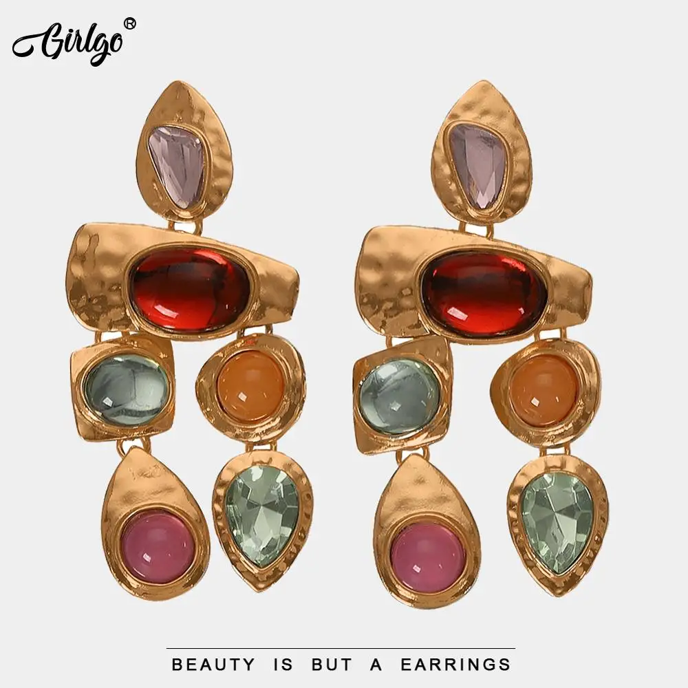 Girlgo новый дизайн Красочные Стразы Висячие серьги для женщин Роскошные Длинные