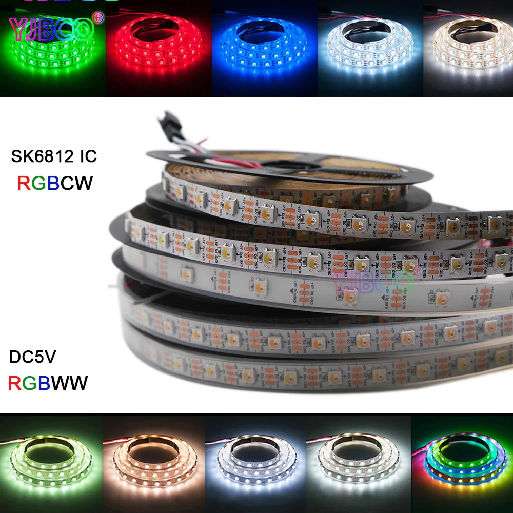 

DC5V 1m/4m/5m SK6812 (similar ws2812b) 4 color in 1 RGBW+NW/CW/WW led strip light 30/60/144 leds/m IP30/IP67 addressable