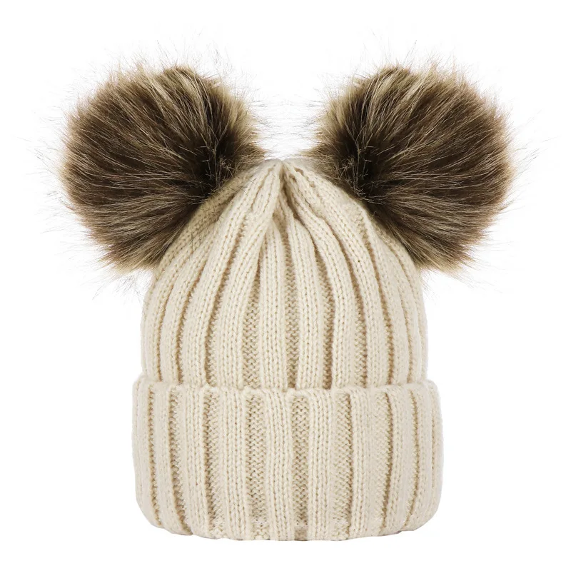 Beige hat Помпон двойной шар шерсть детские шапки вязание супер имитирующий шарф енот костюм шапочка помпон - Цвет: Beige hat