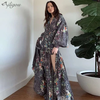 

Ailigou Printed Retro Women's Dress Stand Collar Lantern Sleeve Belt High Waist Ruffle Long Dress Winter New 2020 Outfit