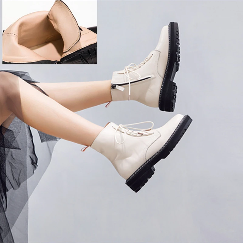 beige Single shoes AIYUQI Ботинки martin; Новинка года; сезон осень; женские ботинки из натуральной кожи на шнуровке; белая зимняя женская обувь - Цвет: beige Single shoes