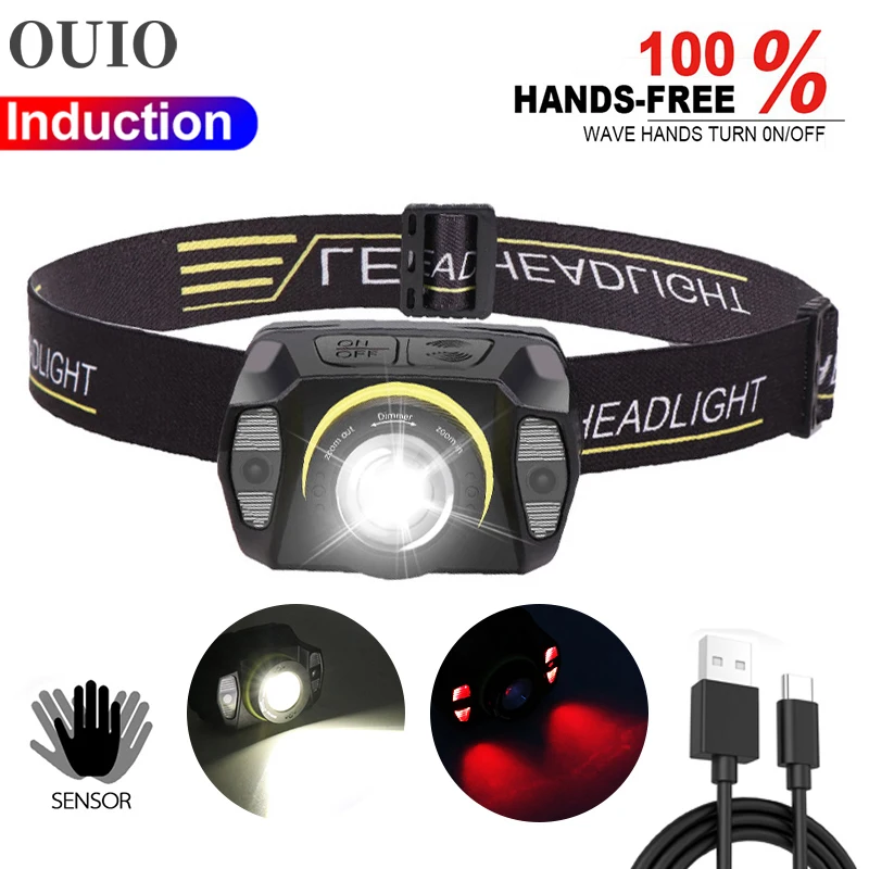 

LED Induction Headlamp USB Rechargeable Sensor Zoomable Flashlight Waterproof Torch Built-in Battery 2021 Desgin