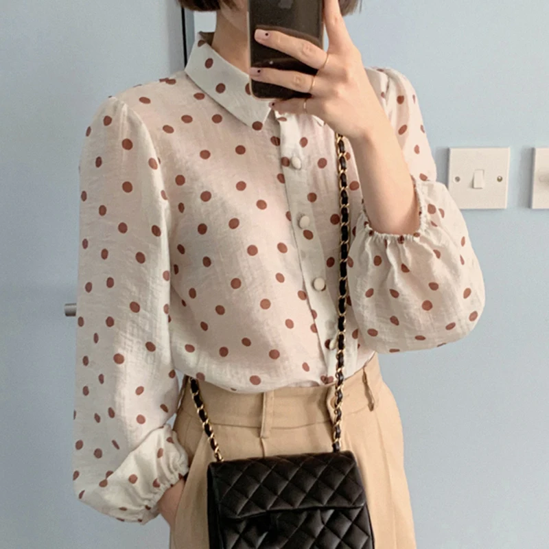 

Very Cute Retro Dots Print Blouse Spring Autumn Lady Kawaii Puff Sleeve Top Women Shirt Chemise Femme Chemisier Blusa Mujer