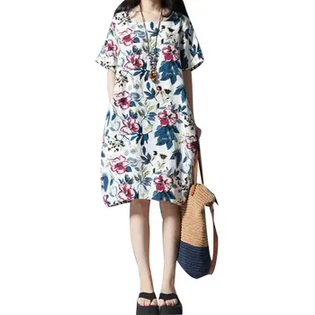 

Summer Women Oversized Cotton Linen Floral Baggy Tunic T-Shirt Midi Dress Kaftan 2020 new