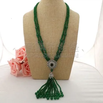 

N061202 25''-26" 2 Strands Green Jade Necklace CZ Pave Pendant