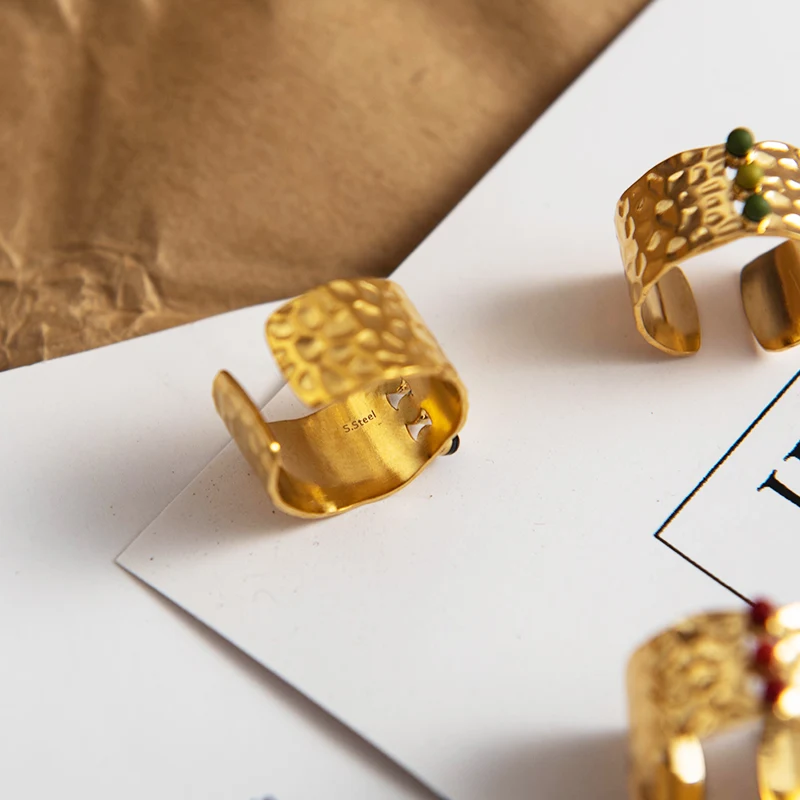 Wild & Free New Gold Wide Opening Finger Rings Jewelry For Women Stainless Steel Handmade Stone Concave Convex Adjustable Ring - Image 5