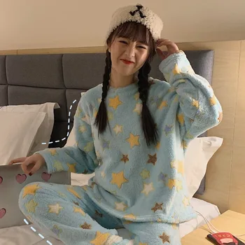 

Ladies Winter Pajamas 2020 New Star Pattern Printing Flannel Home Clothes Warm and Comfortable Pajamas Set Women Sleepwear