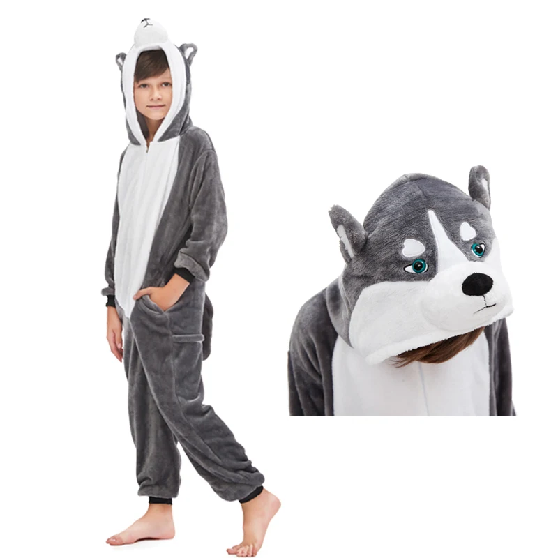 Grey dog Kigurumi/Пижама с единорогом; комбинезон с животными; детская одежда для сна с рисунком единорога и панды; зимняя Пижама для костюмированной вечеринки; Детский комбинезон с единорогом - Цвет: Grey dog
