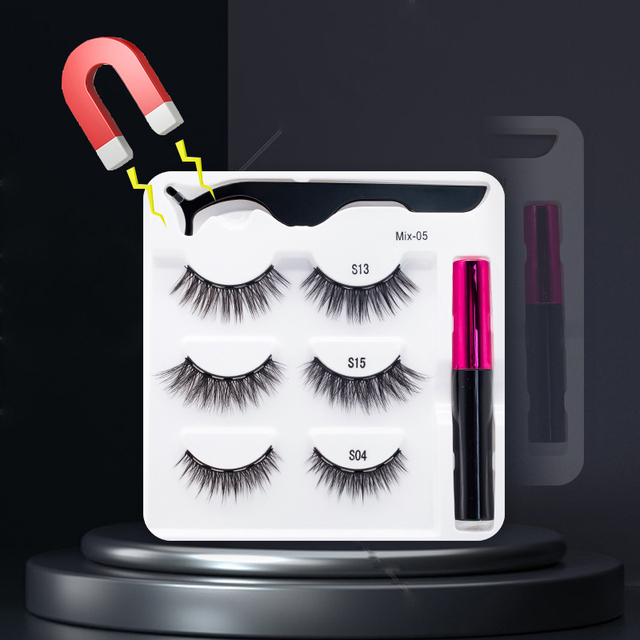 3/5/7Pairs Magnetic Eyelashes False Lashes Repeated Use Eyelashes Waterproof Liquid Eyeliner With Tweezer Makeup Set