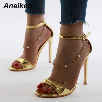 

Aneikeh 2020 Bead chain Fashion Shoes Woman Sandals Peep Toe Basic Thin High Heels Sandals Women Shoes Party Rome Pumps Gold