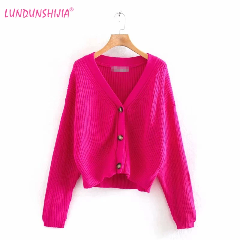 LUNDUNSHIJIA 2020 nueva primavera y otoño de las mujeres es holgado de punto suéteres señoras con cuello en V y manga larga de moda Rosa Cardigan rojo abrigos