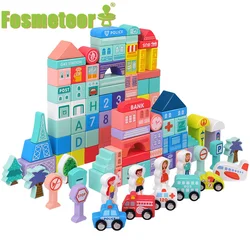 Fosmeteor Macaron alfanumérico de madera para niños, juguete de bloques de construcción tres en uno, vista de la calle de la ciudad, 108 piezas