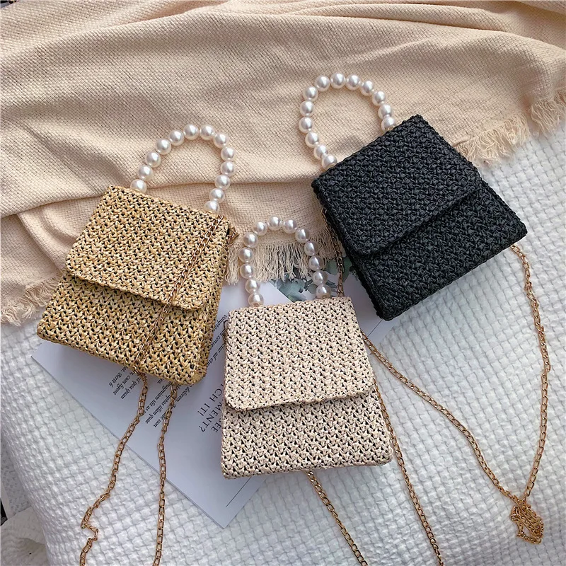 Straw Bags For Women 2020 Female Summer Handmade Woven Shoulder Small Pearl Handle Ladies Hand Travel Purse Beach | Багаж и сумки
