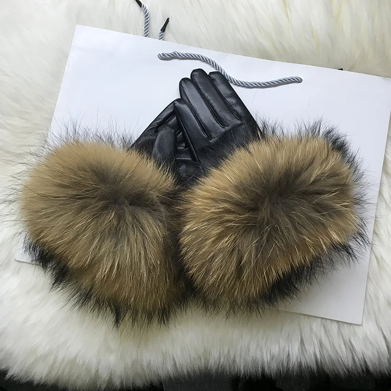 Real Raccoon Fur Gloves Women's Genuine Leather Gloves Fox Fur Big Raccoon Fur Sheepskin  Gloves Female Winter Velvet Warm Touch luxury quality rabbit fur winter warm gloves women genuine leather gloves female real sheep leather gloves