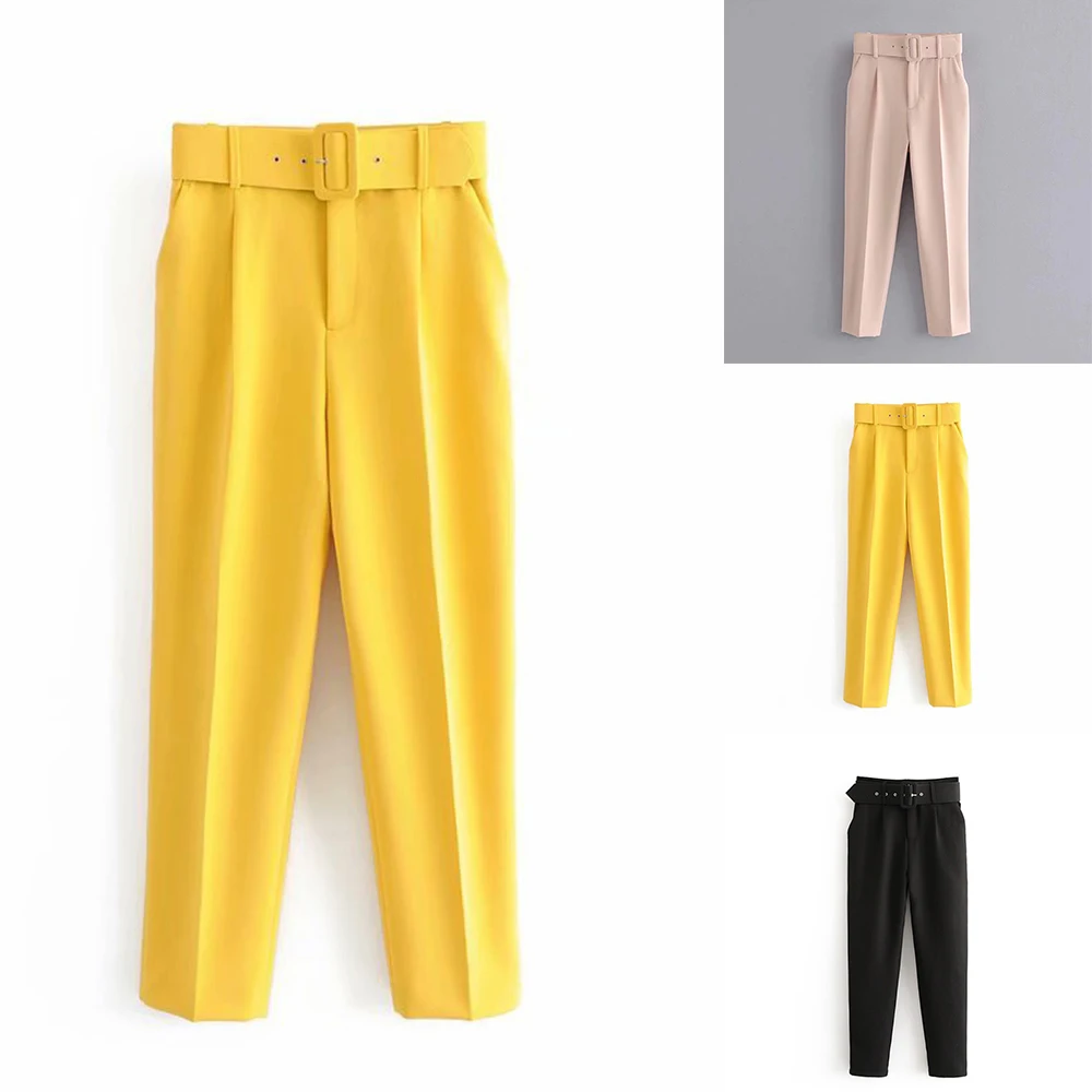 LITTHING, Одноцветный костюм, женские брюки с высокой талией, с поясом, с карманами, для офиса, женские брюки, модные, среднего возраста, розовые, желтые брюки