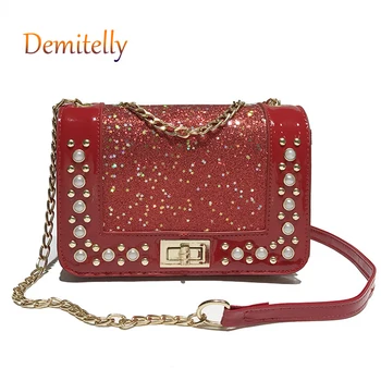 

Fashion Pearl Decoration Women's Small Square Bag New Color Shiny Rivet One-shoulder Messenger Bag Luxury Lady Tote Bag Purse