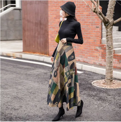 Винтажная шерстяная юбка с принтом, элегантная одежда для офисных леди, юбки на осень и зиму, Женская плиссированная длинная юбка макси с высокой талией, fw634