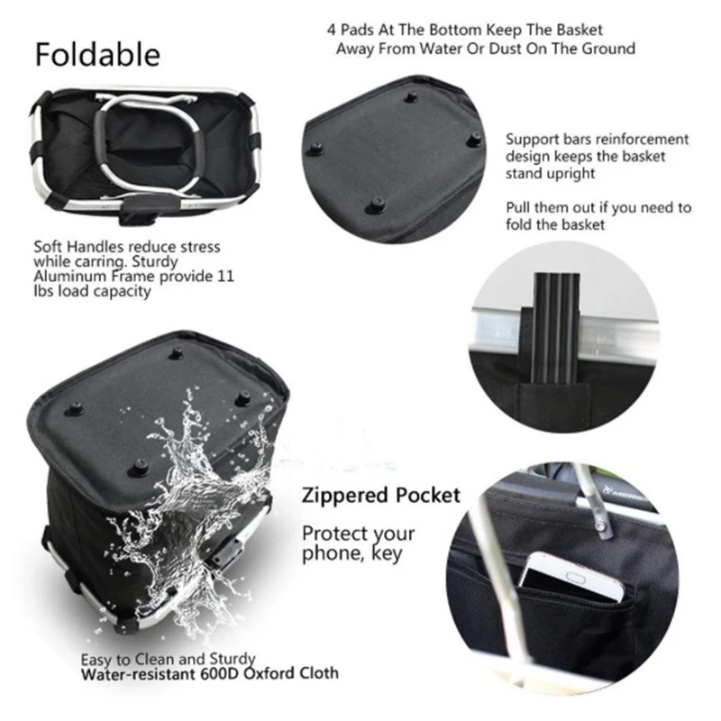 Portable Bike Basket Folding Bicycle Basket Pet Cat Dog Carrier Bag Aluminum Handle Storage Basket Bicycle Front Frame Bag