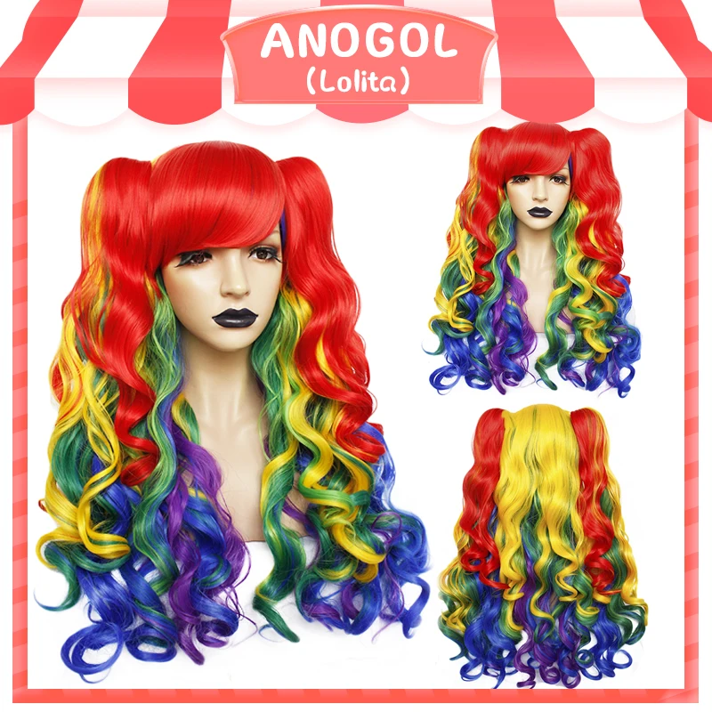 ANOGOL Lolita Rainbow Wig High temperature fiber Pigtail 6ix9ine My Little Pony Synthetic Cosplay Wigs For Girls Halloween