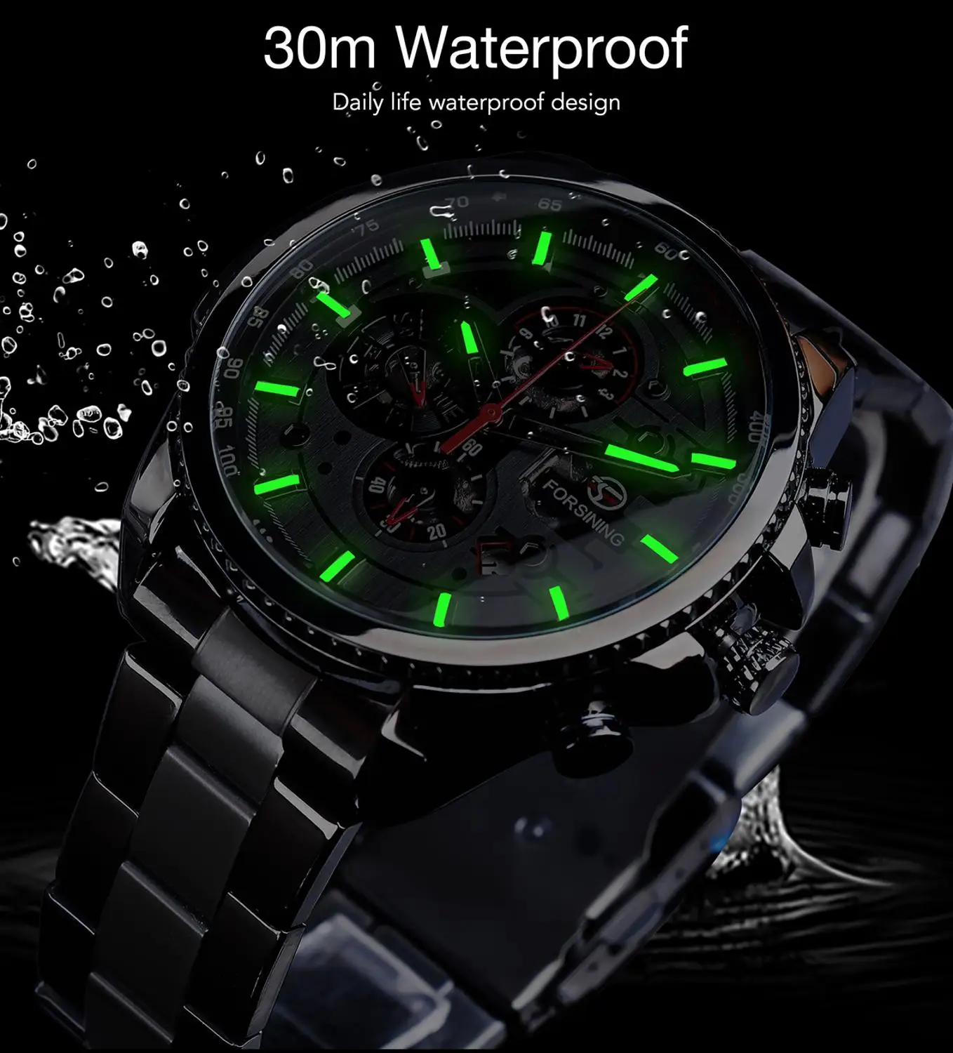 Forsining Waterproof Men's Automatic Watch Calendar Luxury Military Watches Sport Style Luminous Clock Black Free Ship to Brazil