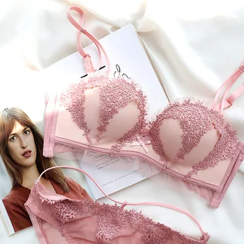 

High-Grade Mesh Water Soluble Lace Half Cup Small Bust Gathering Upper Support Seamless Bra Set No Steel Ring Girl's Bra